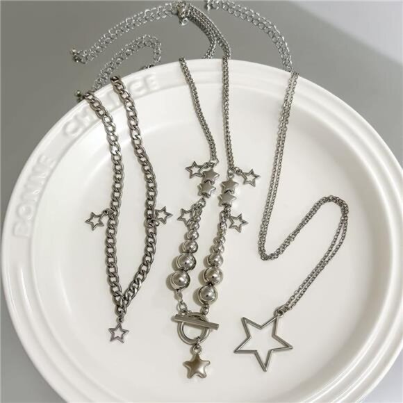 Silver Star Necklace Set Y2K Layered Chain Cute Kawaii Grunge Emo Jewelry - Picture 5 of 8